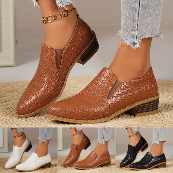 Pandaie Women’s Slip on Ankle Booties Leather Low Block Heel Pointed Toe Western Short Boots Business Formal Casual Work Loafer Shoes Size 5.5‑10