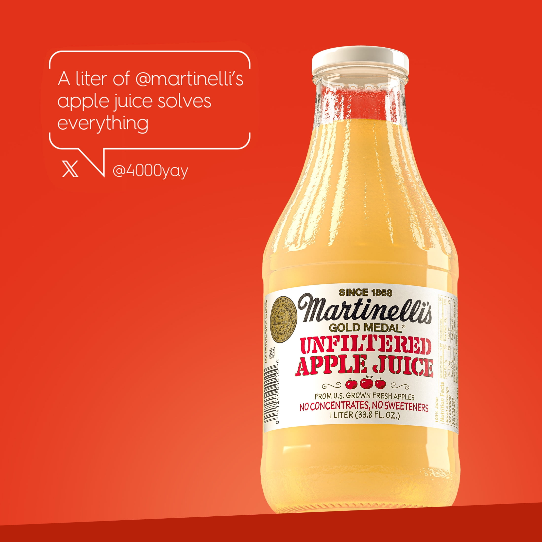Martinelli's Unfiltered Apple Juice, Multi-Serve Glass Bottle, 1 Liter