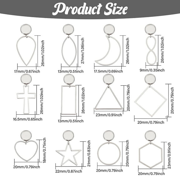 1box 12 Pairs 12 style Blank Clear Glass Dome Dangle Stud Earrings Triangle & Rectangle & Teardrop 304 Stainless Steel Drop Earrings for Women Stainless Steel color 30~36mm Pin: 1mm 1 Pair/style