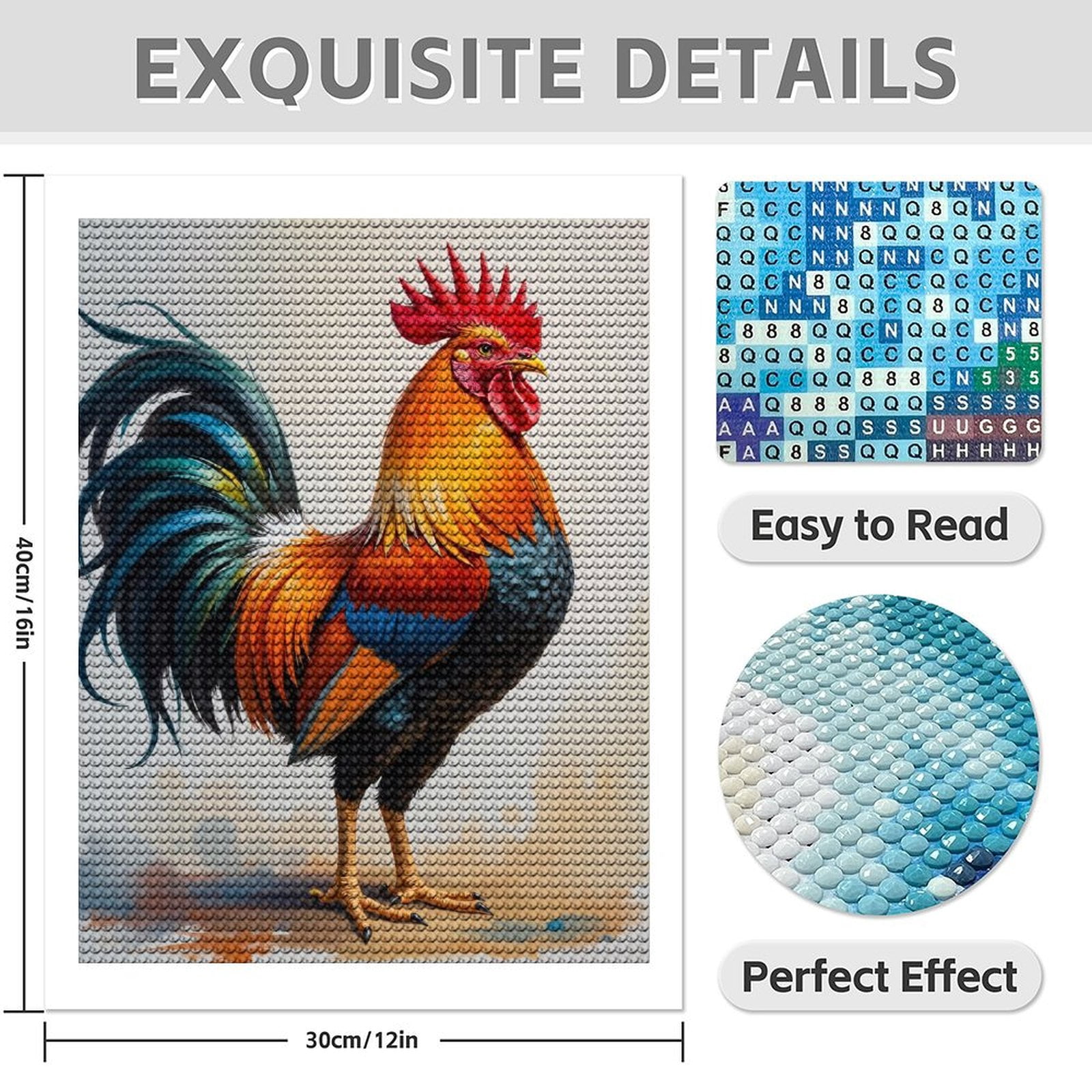 Diamond Art Kit for Adults, Vibrant Colorful Rooster Painting Diamond Painting for Adults Beginners, 5D DIY Diamond Art Painting Kits, Colorful Diamond Painting Craft for Home Decor 12x16