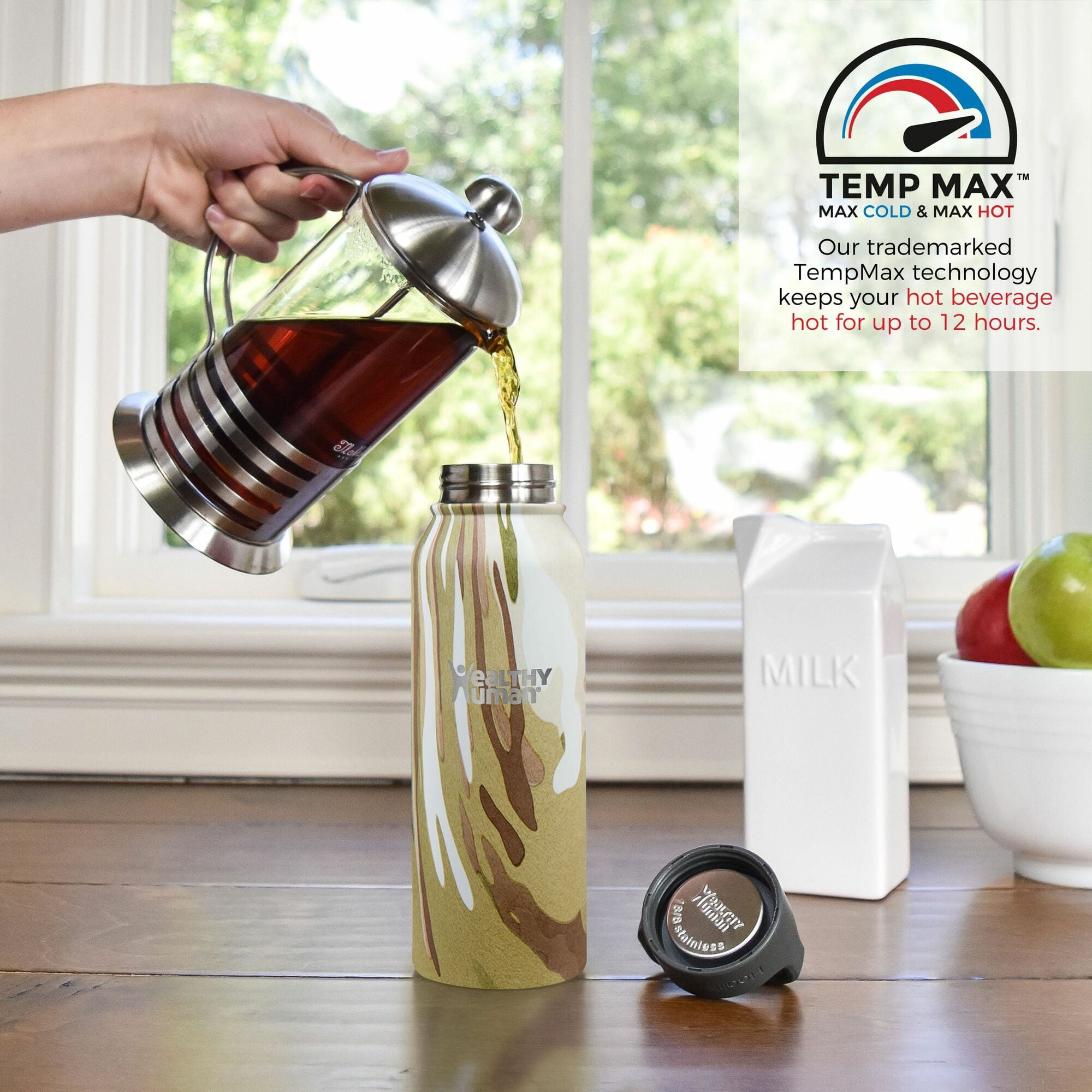 Healthy Human Stainless Steel Water Bottle | Double Walled Vacuum Insulated Water Thermos for Adults | Eco-Friendly Travel Bottles with Leak Proof Lid (Camo, 21 oz/ 621 ML)