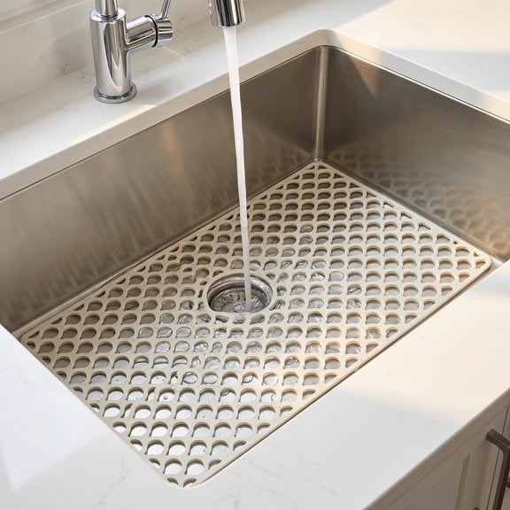 REOFLYUP Beige Flexible Silicone Sink Mat for Kitchen Sink Bottom, Non- Protector for Farmhouse Sinks