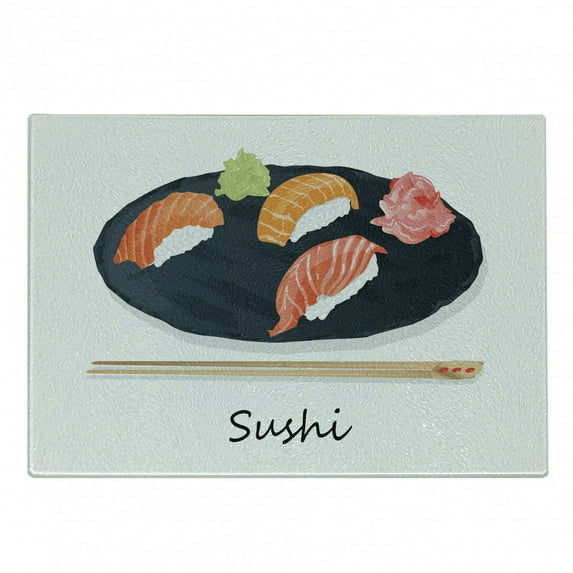 Wasabi Cutting Board, Salmon Prawn Japanese Plate and Chopsticks with Sushi Typography, Decorative Tempered Glass Cutting and Serving Board, in 3 Sizes, by Ambesonne