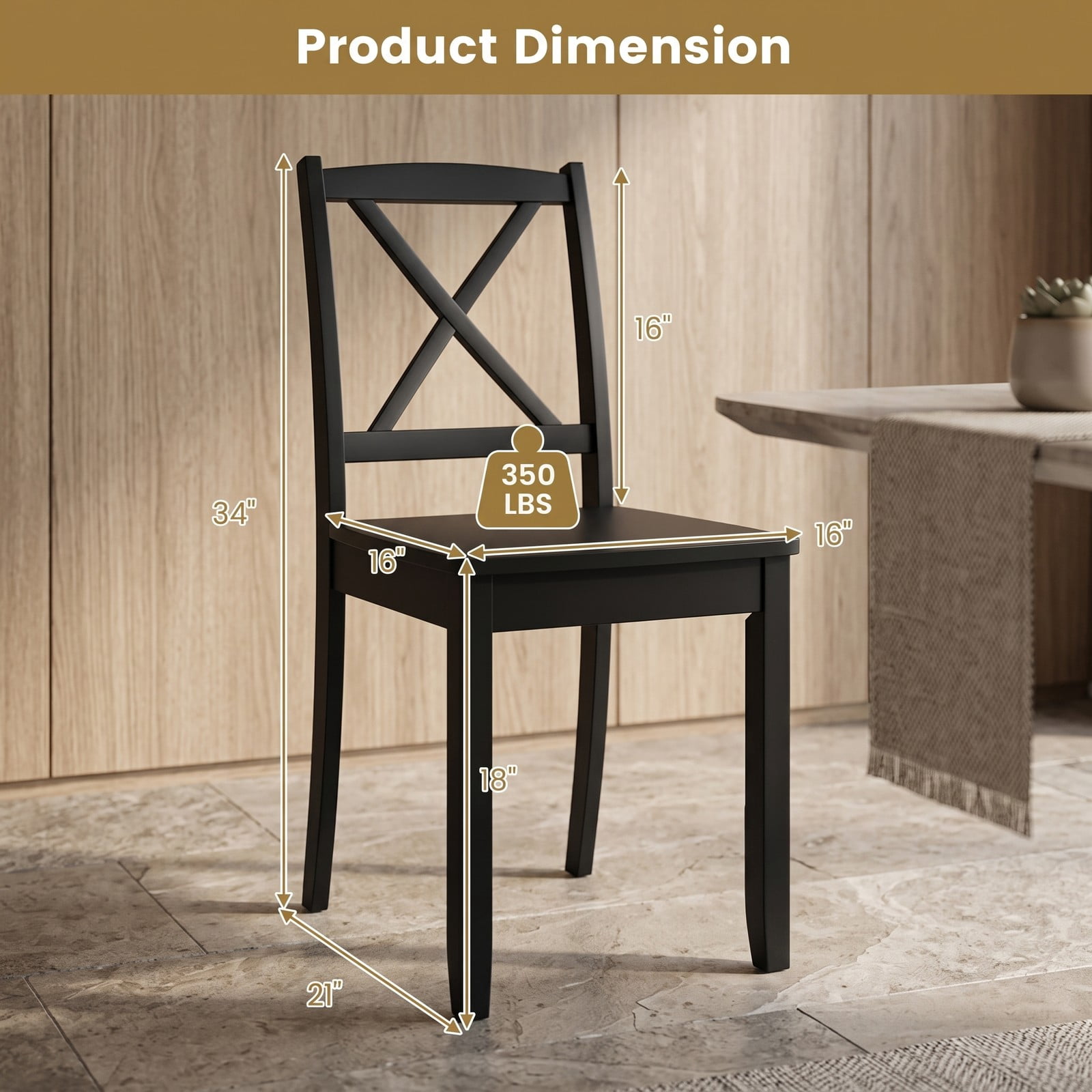 Furnibear Wood Dining Chair Set of 2, Farmhouse Kitchen Side Chairs with Rubber Wood Legs, Curved Cross Back and Non-Slip Foot Pads for Dining Room, Black