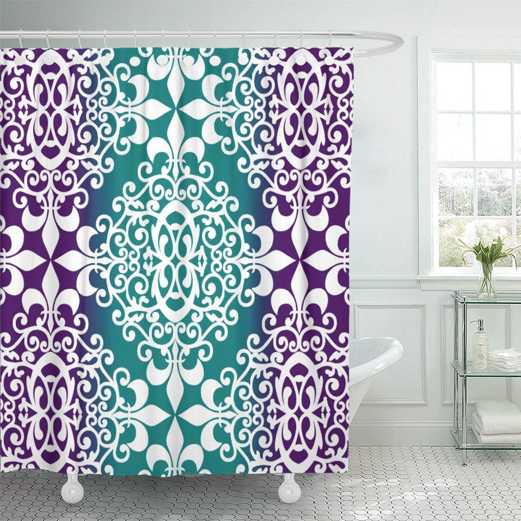 SUTTOM Teal and Purple Ombre White Damask Shower Curtain 60x72 inch