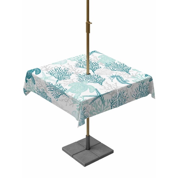 Outdoor Table Cloth with Umbrella Hole and Zipper, Turquoise Coastal Waterproof Square Tablecloth 54"x54", Sea Turtle Nautical Coral Summer Beach Washable Table Cover for Outside Party Patio Picnic