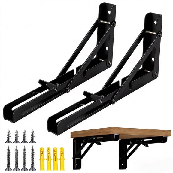 20 Inch Folding Shelf Brackets Max Load 600 lb, Black Collapsible Heavy Duty Brackets for Table Bench - Space Saving, 2 Pack