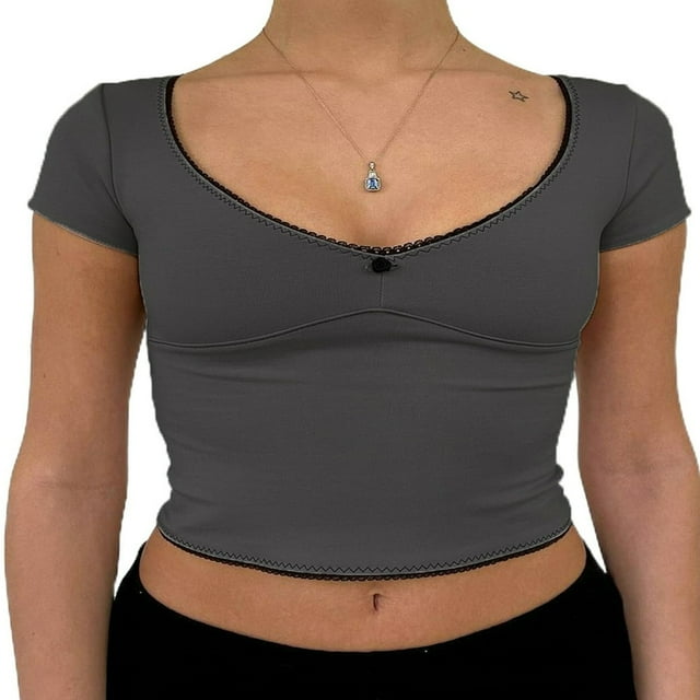 Crop Tops pour les Femmes Été Mignon Solide Slim Fit Recadrée T-Shirt de Base