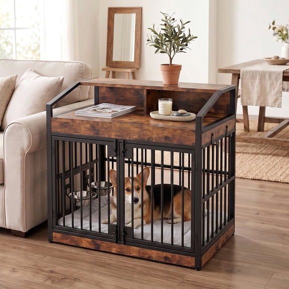 Wooden Furniture Dog Crate End Table for Medium Dogs with Storage Shelf & Feeding Bowls