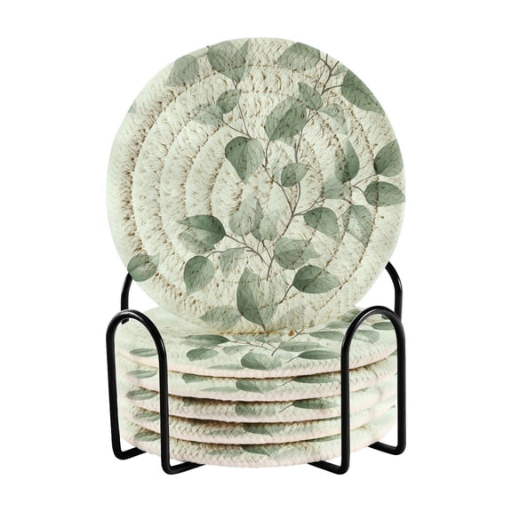 Watercolor Green Leaf Drink Coasters with Holder Absorbent Coaster for Coffee Table Room Decor 6 Pack