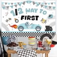 thumbnail image 4 of Racing Car Themed 1/2 Way to First Backdrop Blue Vintage Car Half Birthday Decorations Checkerboard Pattern Racing 1/2 Birthday Party Background Banner for Boys 6 Months Birthday Party Supplies 5x3ft, 4 of 7