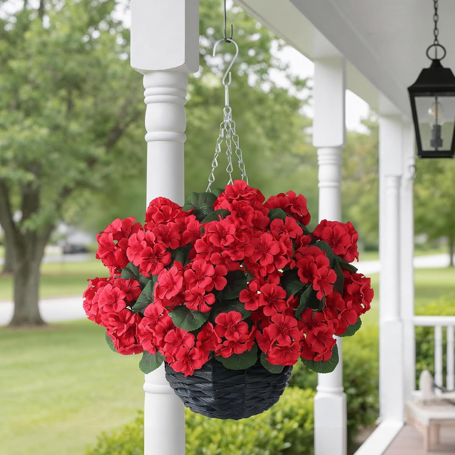 2 Set Artificial Geraniums Flowers with Hanging Baskets for Outdoors - Sun Resistant Silk with Geranium Flowers, Fake Hanging Planters for Front Porch Garden Patio Home Decor (Red)