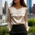 thumbnail image 2 of Miluxas Women's Pearl Decorarion Style Shirts Dressy Business Casual Blouse Round Neck Long Sleeve Trendy Loose office Work Top Khaki, 2 of 5