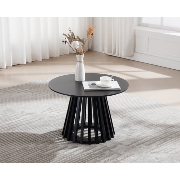 Guyou Modern Round Coffee Table with Geometric Wood Strips Base, 24 " Wooden Cocktail Table for Living Room Small Space Lounge, Black