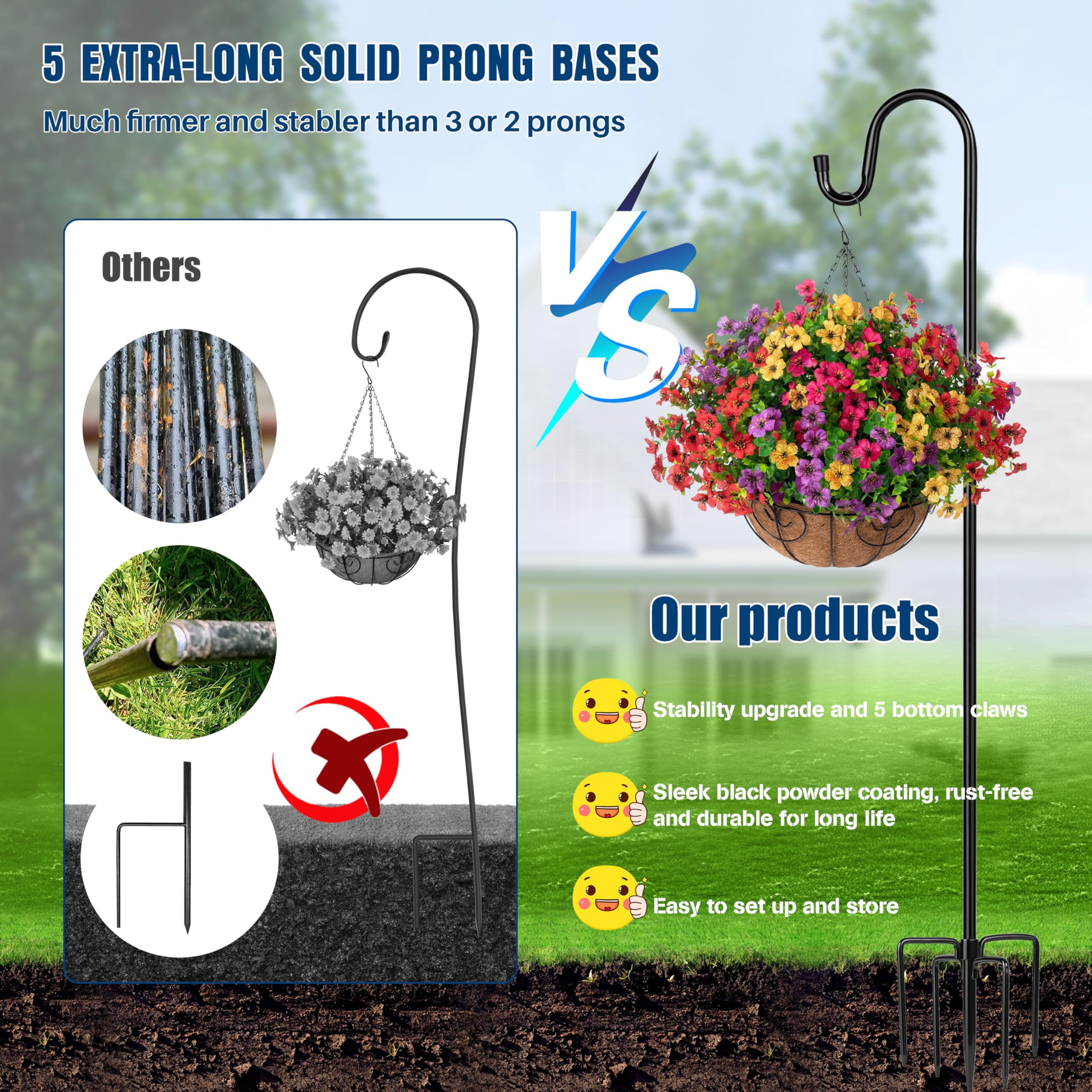 Shepherd Hooks With 5 Prongs Base For Outdoor - 76 Inch Adjustable Bird Feeder Pole Outside Hanging  Garden Hummingbird Plant Baskets Solar Light Lanterns Wedding Decor (1 Pack)
