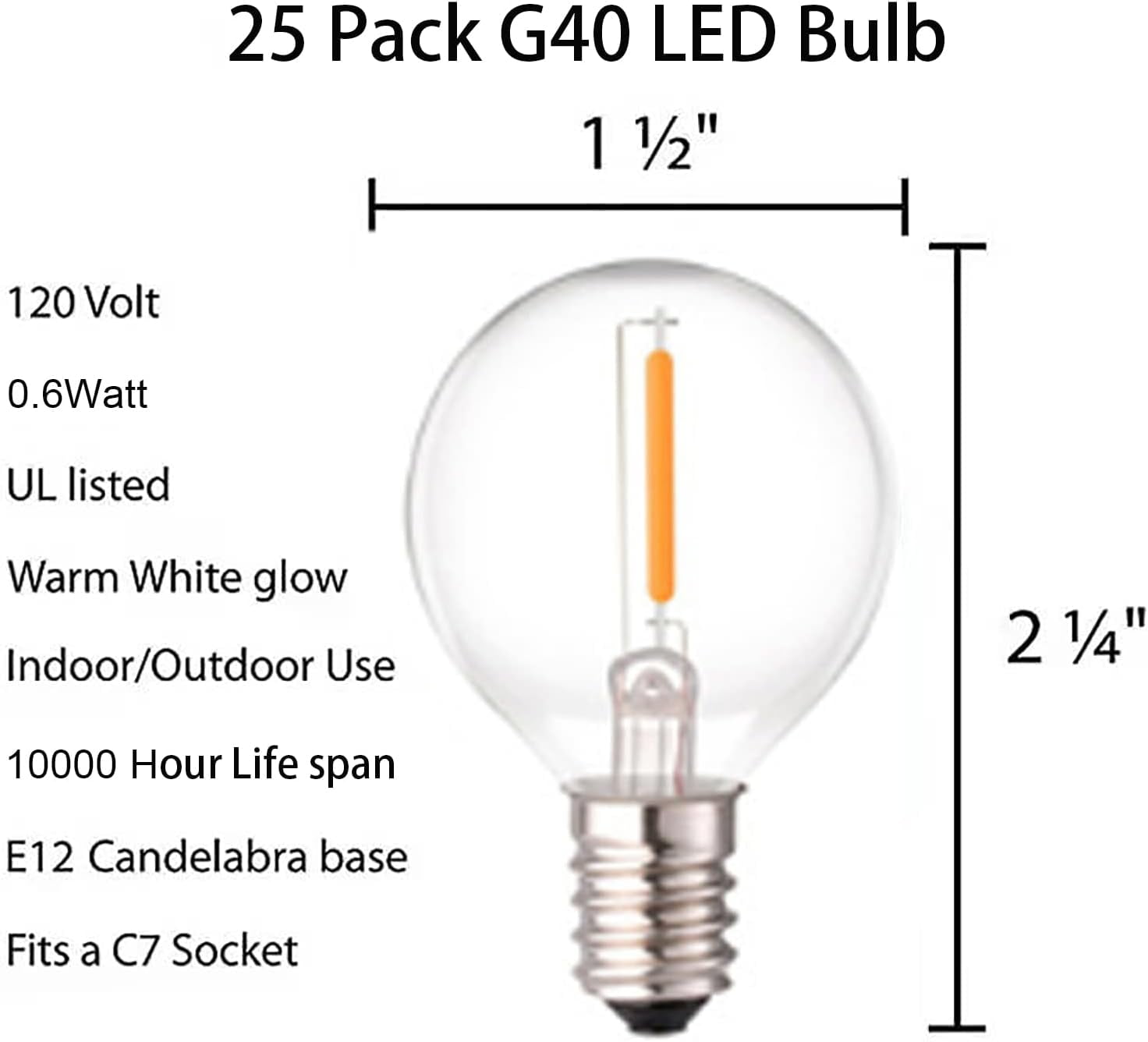 G40 LED Replacement Light Bulbs, 0.6W Shatterproof Globe Bulb, E12 Candelabra Base, 1.5 Inch Dimmable G40 Bulbs for Outdoor String Lights, Patio Decor- Warm White 25 Pack