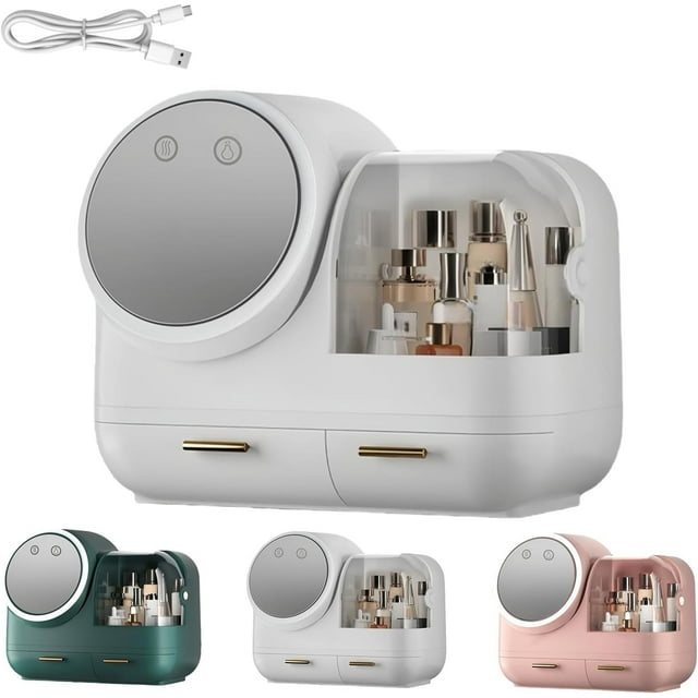 2026 New Mirror Fan Makeup Case, Large Capacity LED Light Mirror Makeup Storage Box, Cosmetic Storage Display Case with Practical Organizing Drawers for Valentine's Day Gifts (White)