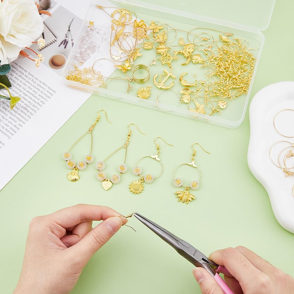 Earring Making Kit DIY Earring Hooks Kit with Charms Golden DIY Earring Beading Hoop Earring Hardware Pieces Repair Parts Earring Supplies for Earring Making DIY Craft