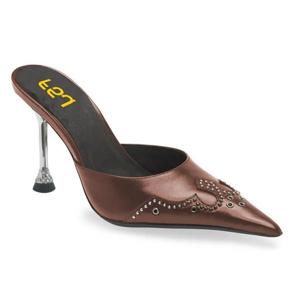 FSJ Women Pointed Toe Studded Backless Pumps Slip on Stiletto High Heel Mules Casual Dress Work Slides Shoes Size 8 Espresso