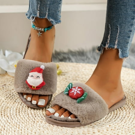 

Fashion Winter Women Slippers Flat Bottom Non Slip Open Toe Plush Warm Comfortable Christmas Brown 8