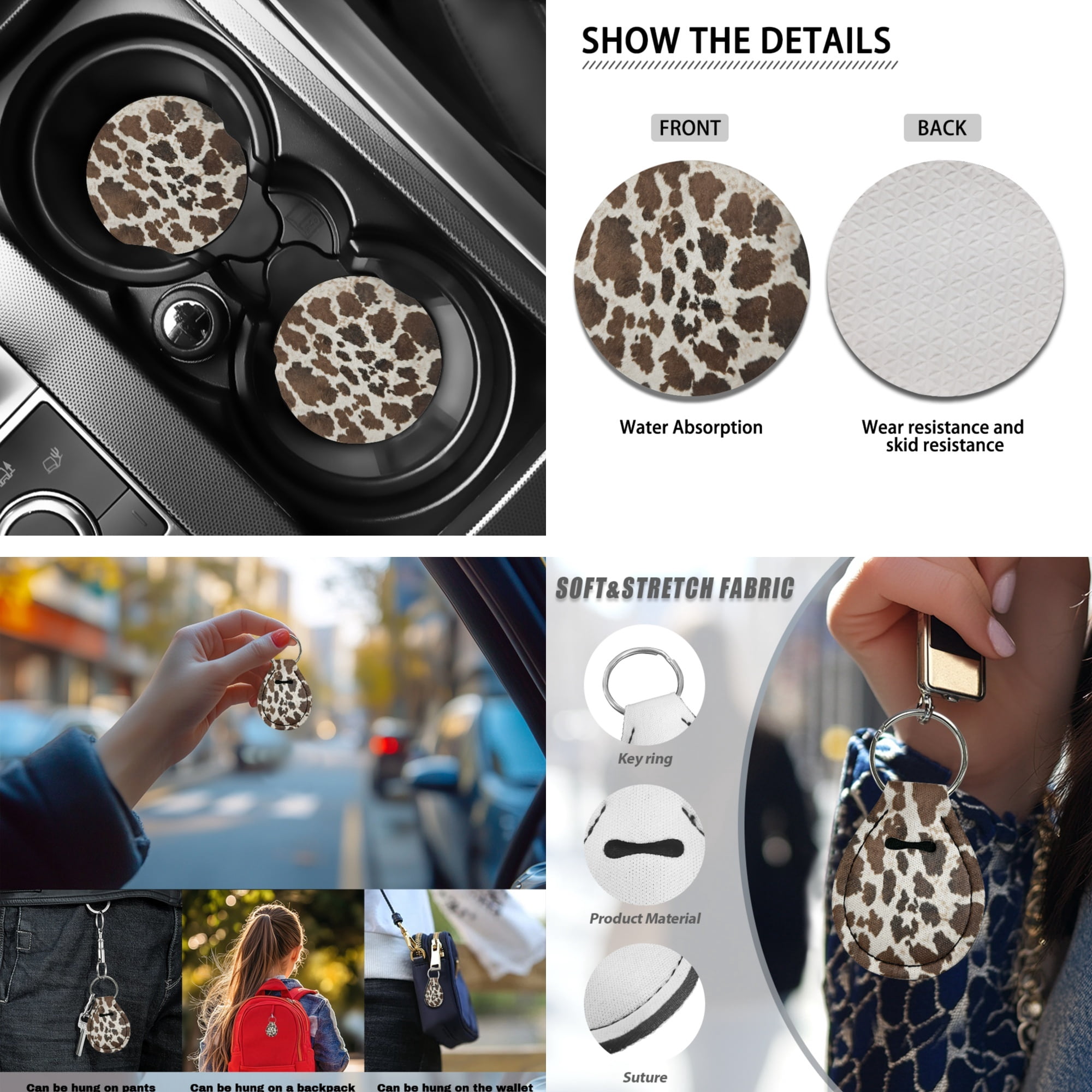 Jeiento Brown Cow Print Car Seat Covers Front Rear Split Bench Full Set Steering Wheel Seat Belt Pads Coasters Armrest Pad Keychain Chapstick Holder, 13 PCS Automobile Interior Sets