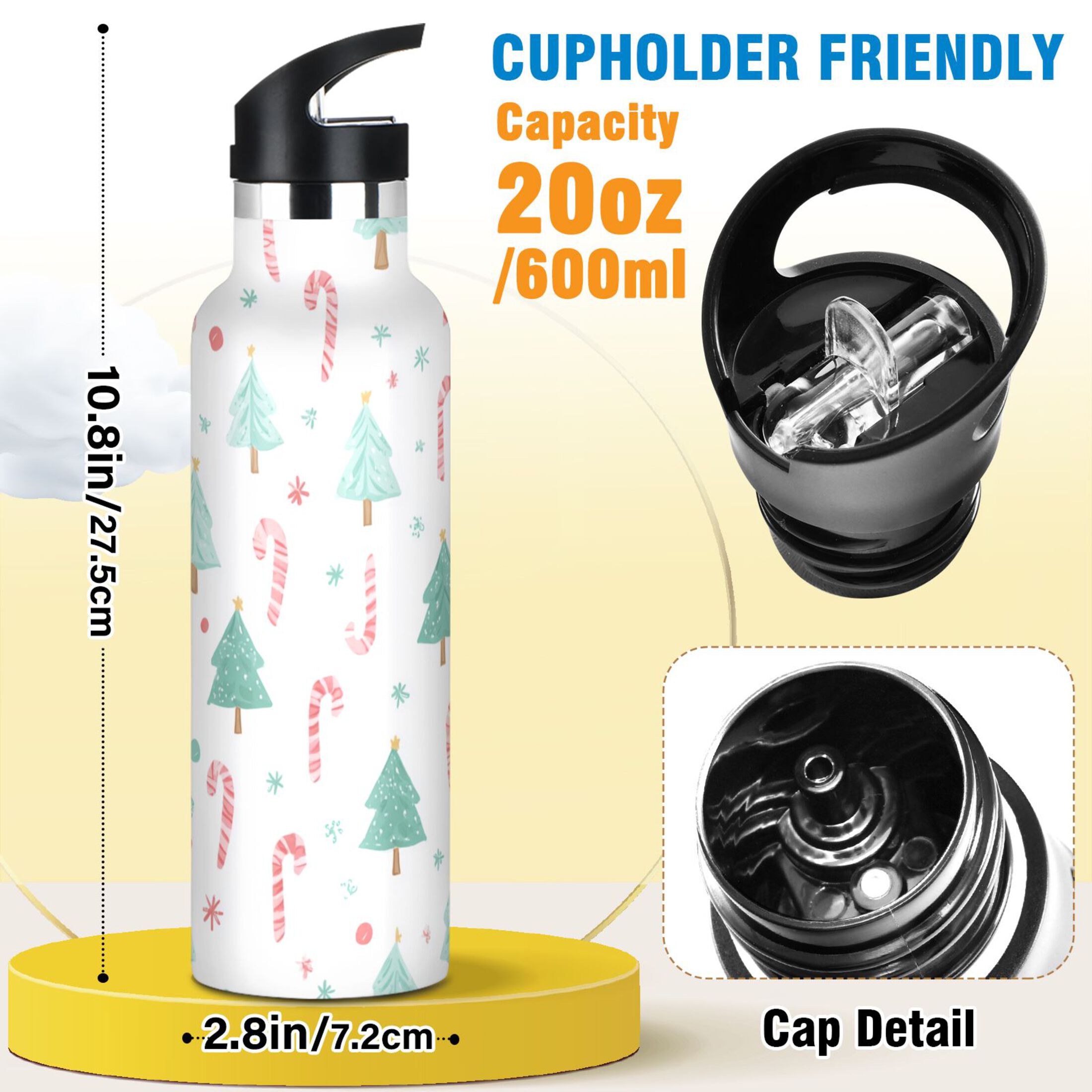 600ML Stainless Steel Insulated Cup Sports Water Bottle Portable Thermos Cup Water Glasses Insulated Tumblers Convenient and Durable Light Green Christmas Tree
