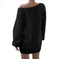 thumbnail image 4 of Vestido Tipo Jersey de Larga con Hombros Descubiertos y Farol para Mujer, de Otoño, Holgado, de Punto Acanalado, Liso Negro L, 4 of 9