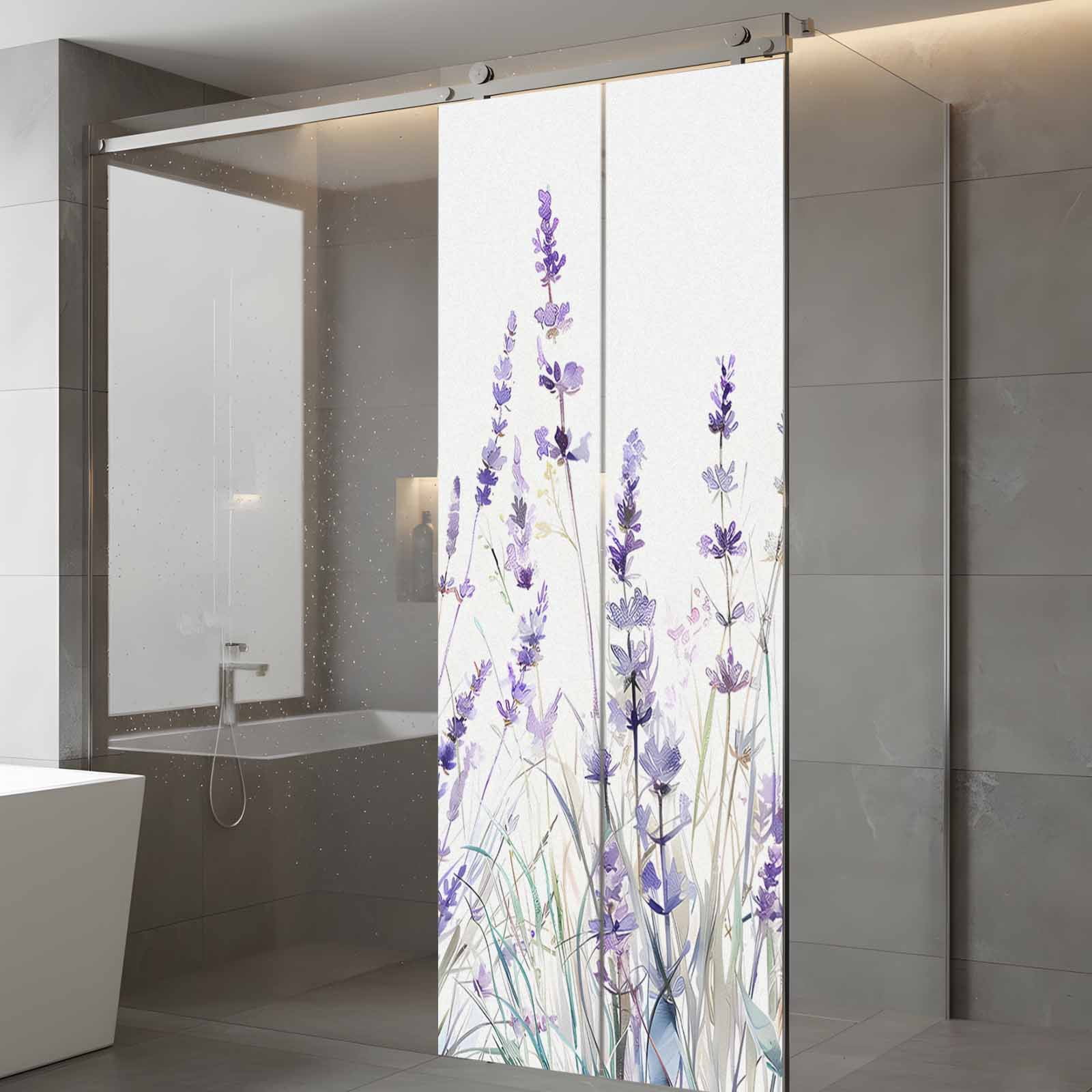 Lavender Floral Window Privacy Film, Spring Flowers Botanical Plants Static Cling UV Sun Blocking Tint Film Heat Control Windows Films for Bedroom Bathroom, Window Stickers 23.6"x59"