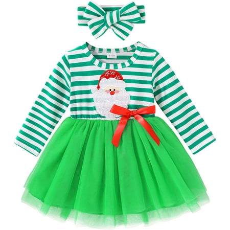 

YOUI-GIFTS 2PCS Toddler Baby Girl Christmas Dress Cotton Long Sleeve Santa Prints Christmas Princess Tutu Dress+Headband 6M-6T