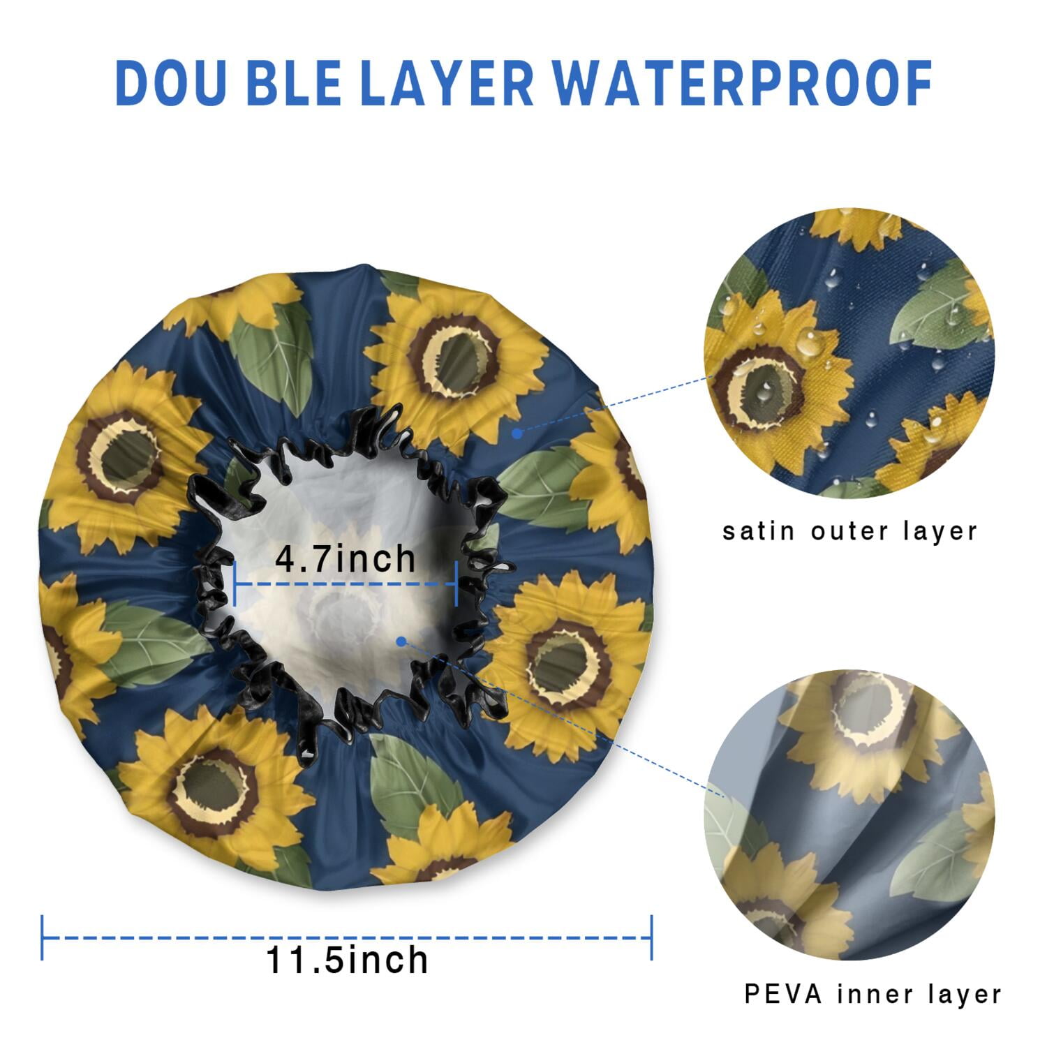 Shower Caps,Blue Sunflower Leaf Pattern Waterproof Shower Cap for Women 4 Pieces,Double Reusable Hair Cover for Shower PEVA Elastic Stretch Hem