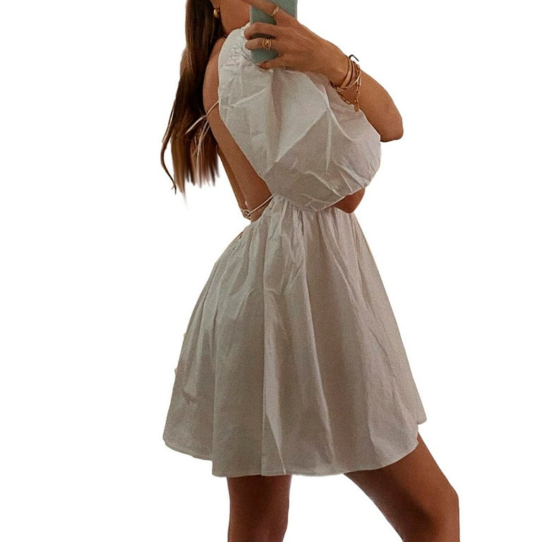 Douhoow Women Short Sleeve Backless Dress Summer Fashion White Dress