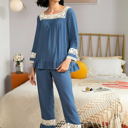 

Promotion Newway Promotion Newway Women Lace Stitching Pajamas Set Long Sleeve Top Trousers Casual Sleepwear Loose Nightgown Comfy Solid Loungewear