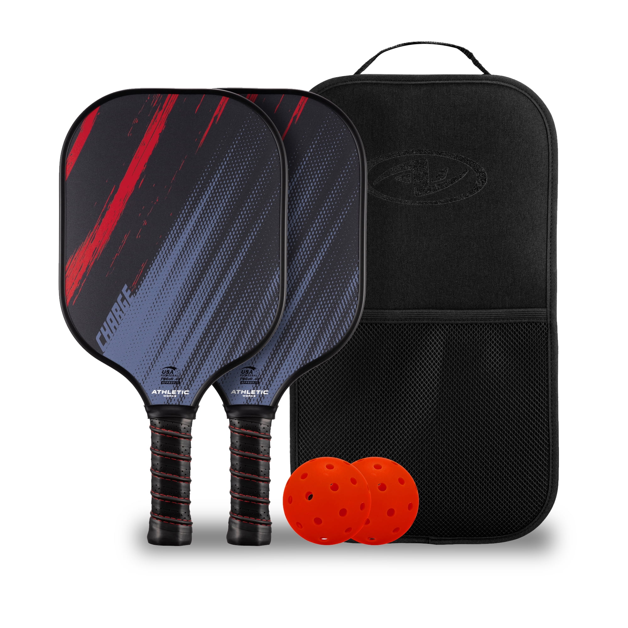 Athletic Works Charge Fiberglass 2-Player Pickleball Paddle Set, Includes 2 Paddles/2 Pickleballs/Carry Bag, Red