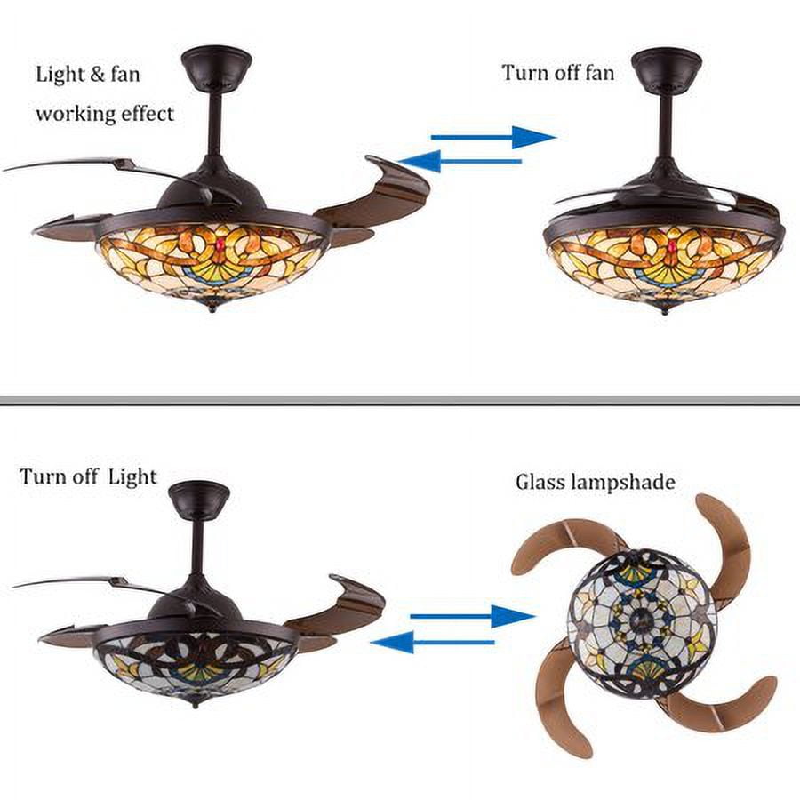 42" Tiffany Retractable Ceiling Fan with Remote & Light LED Dimmable Chandelier
