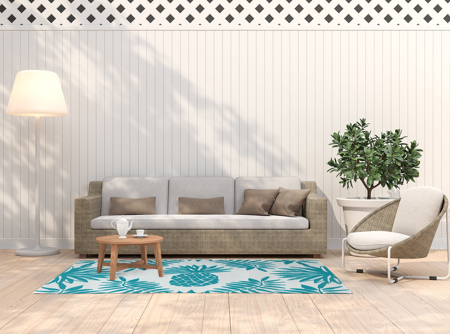 Simply Daisy 5' x 7' Explorer Blue Pineapple Leaves Spring Chenille Indoor/Outdoor Rug