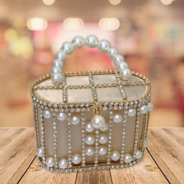 Bolso tipo cubo Fernando con asa de cuentas para boda fiesta graduación Beige