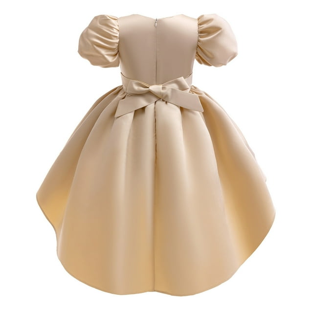 Robes Décontractées pour Filles, Été, Couleur Unie, Col Rond, Manches Bouffantes, Robe de Princesse Formelle, Usage Quotidien, Beige, 7-8 Ans