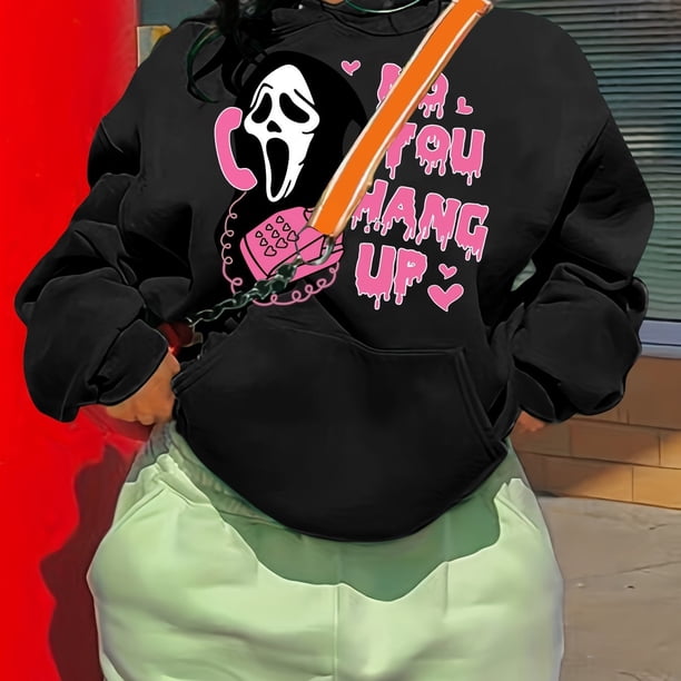 Ghost Phone Call Print Kangaroo Pocket Hoodie, Sudadera Con Capucha De Manga Larga Casual Con Cordón, Ropa De Mujer