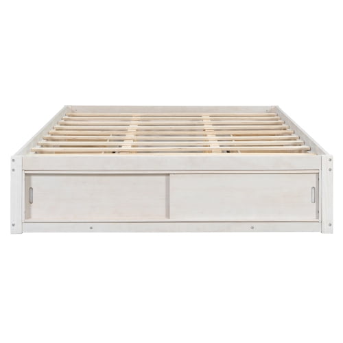 Queen Size Platform Bed Frame with 4 Storage Drawers and Footboard Storage Cubby, No Headboard Design Solid Wood Platform for Bedroom, White