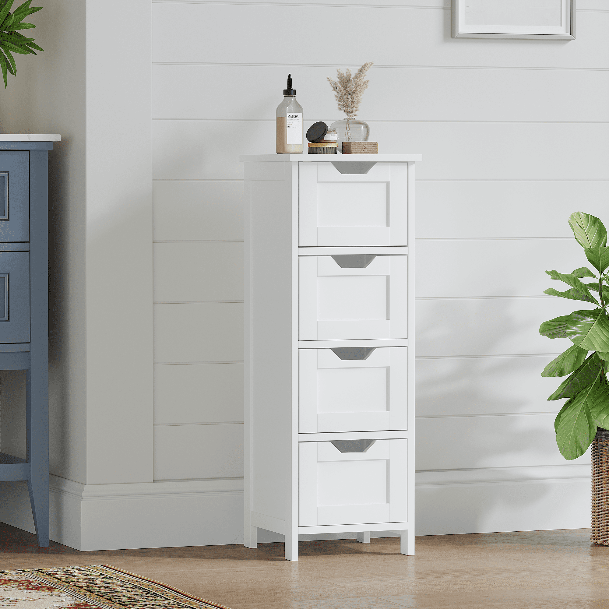 Bathroom Floor Cabinet with 4 Drawers, Freestanding Wooden Storage Organizer for Bathroom, Hallway or Living Room, Narrow White Side Cabinet with Space-Saving Vertical Design, White