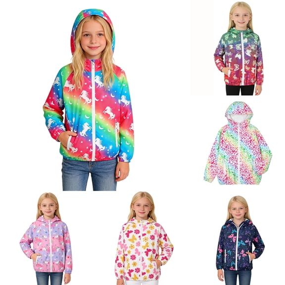 Toddler Girls Jacket Lightweight Hooded Windbreaker Kids Water-Resistant Light Rain Jacket Print Outwear