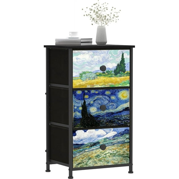 Dresser with 3 Drawers Van Gogh Drawer Dresser for Bedroom Narrow Nightstand Small Dressers & Chests of Drawers for Halfway Entryway Closets Living Room Sturdy Steel Frame Wood Top