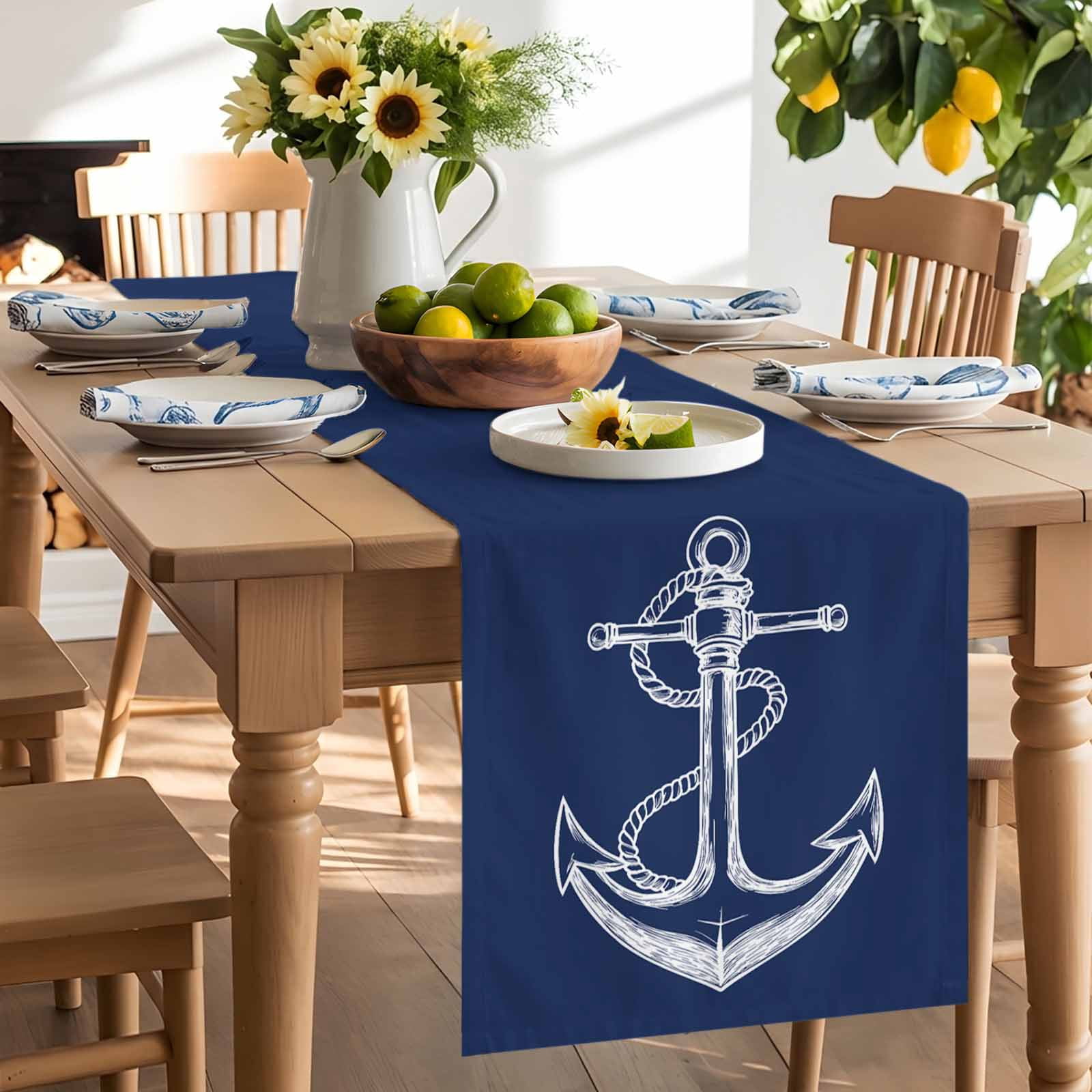 Nautical Sailing Anchor String Sketch Table Runner 90 Inches Long, Marine Navy Blue White Table Runners Tabletop Scarf Kitchen Dining Tables Decoration for Home Party Indoor Outdoor