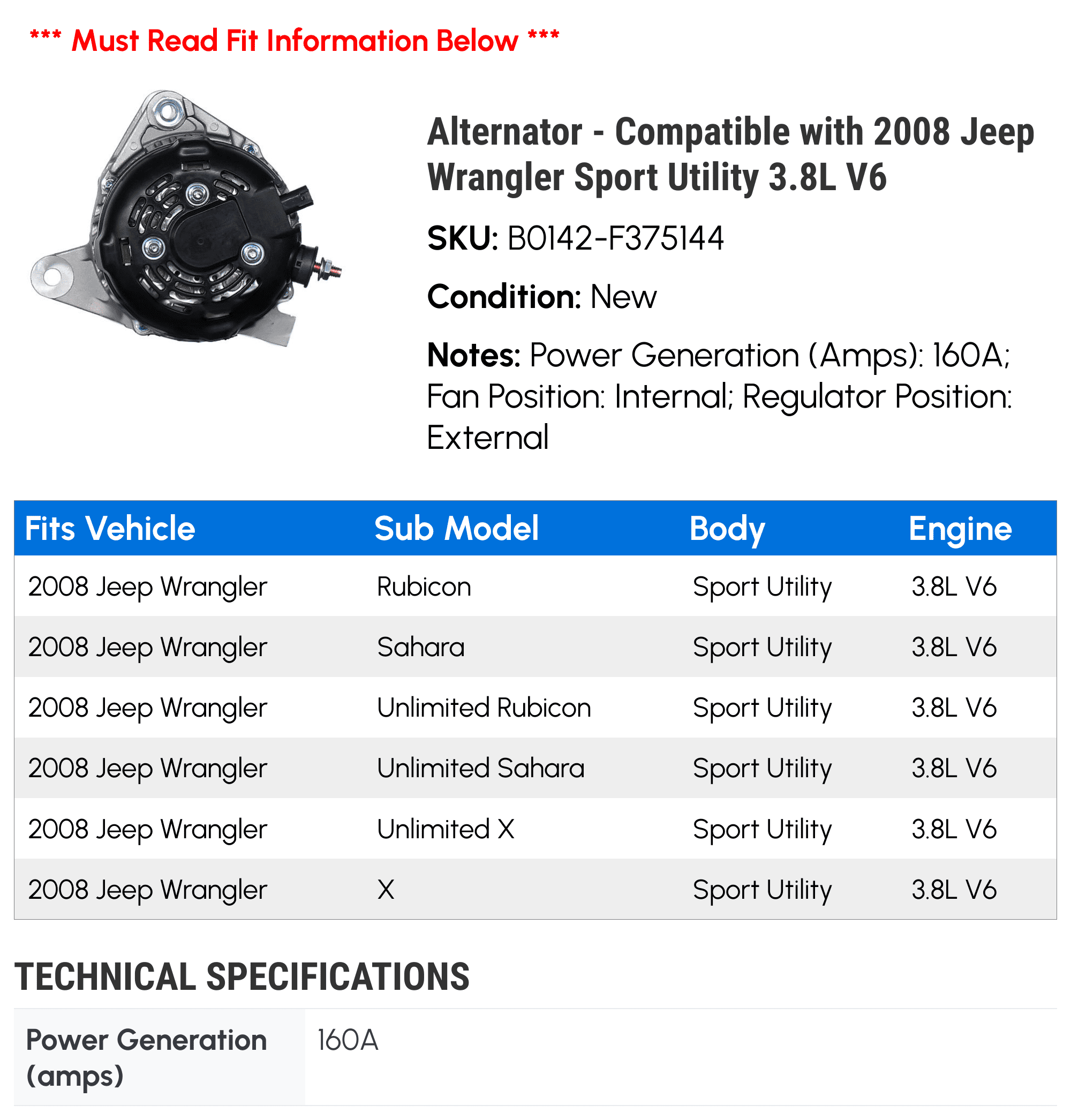 Alternator - Compatible with 2008 Jeep Wrangler Sport Utility 3.8L V6