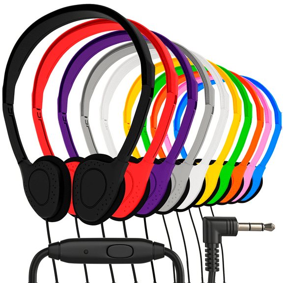 Maeline Bulk Wired Cord Stereo On-Ear Headphones with Microphone with 3.5mm Audio Plug Compatible with Phones/Laptops/Computers/Tablets/MP3 for Children/School/Airplane Travel - 10 Pack, Multi