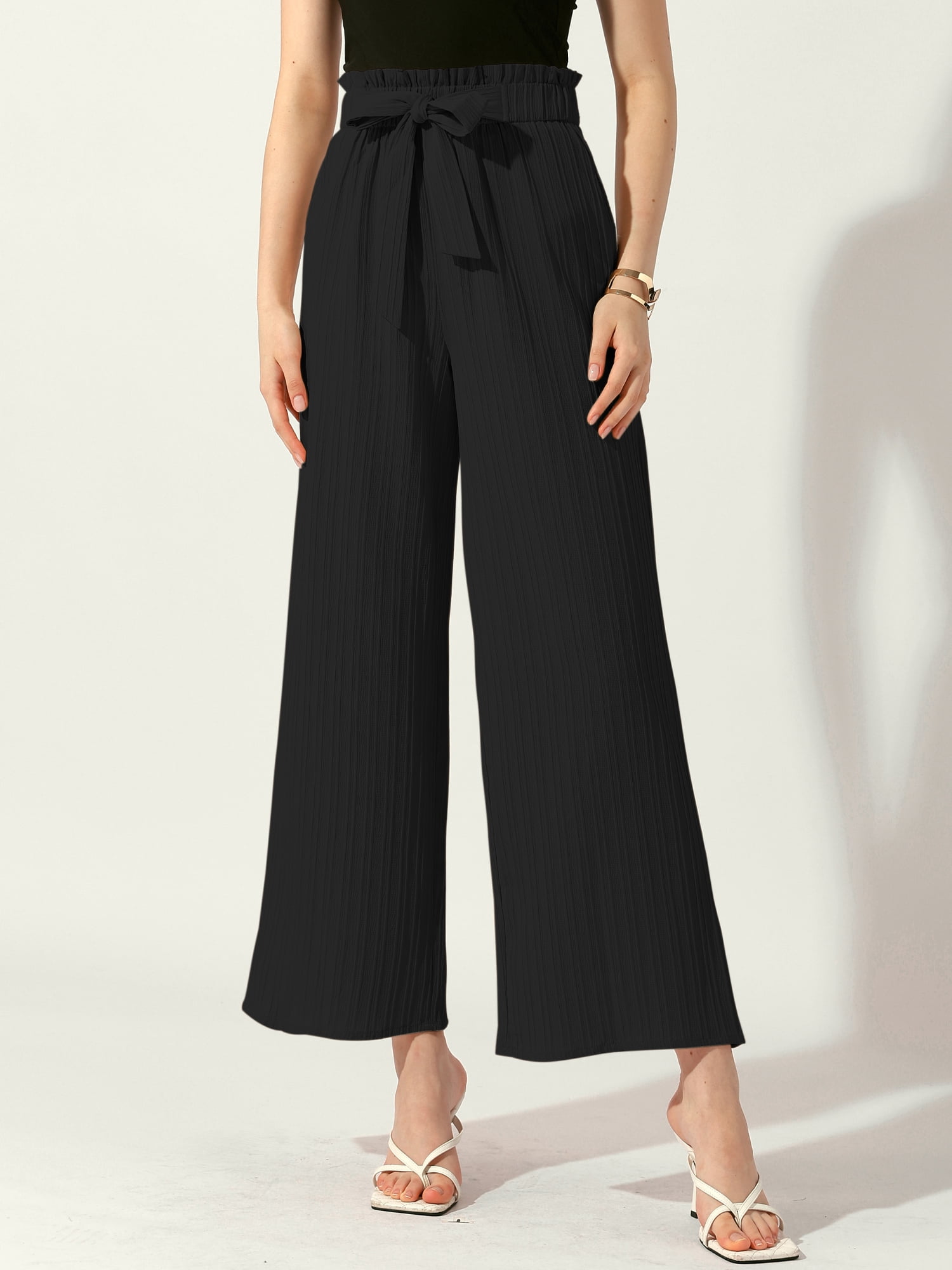 DARING DIVA Women's Elastic Waist Pleated Wide Leg Pants with Pockets XL Black