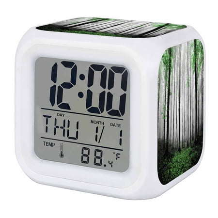 Alarm Clocks Autumn Maple Forest Digital Clock 7 Color LED Night Light Silent Non-Ticking Battery Operated Green Misty Forest Trees Cube Clocks for Bedroom Bedside Living Room Office School