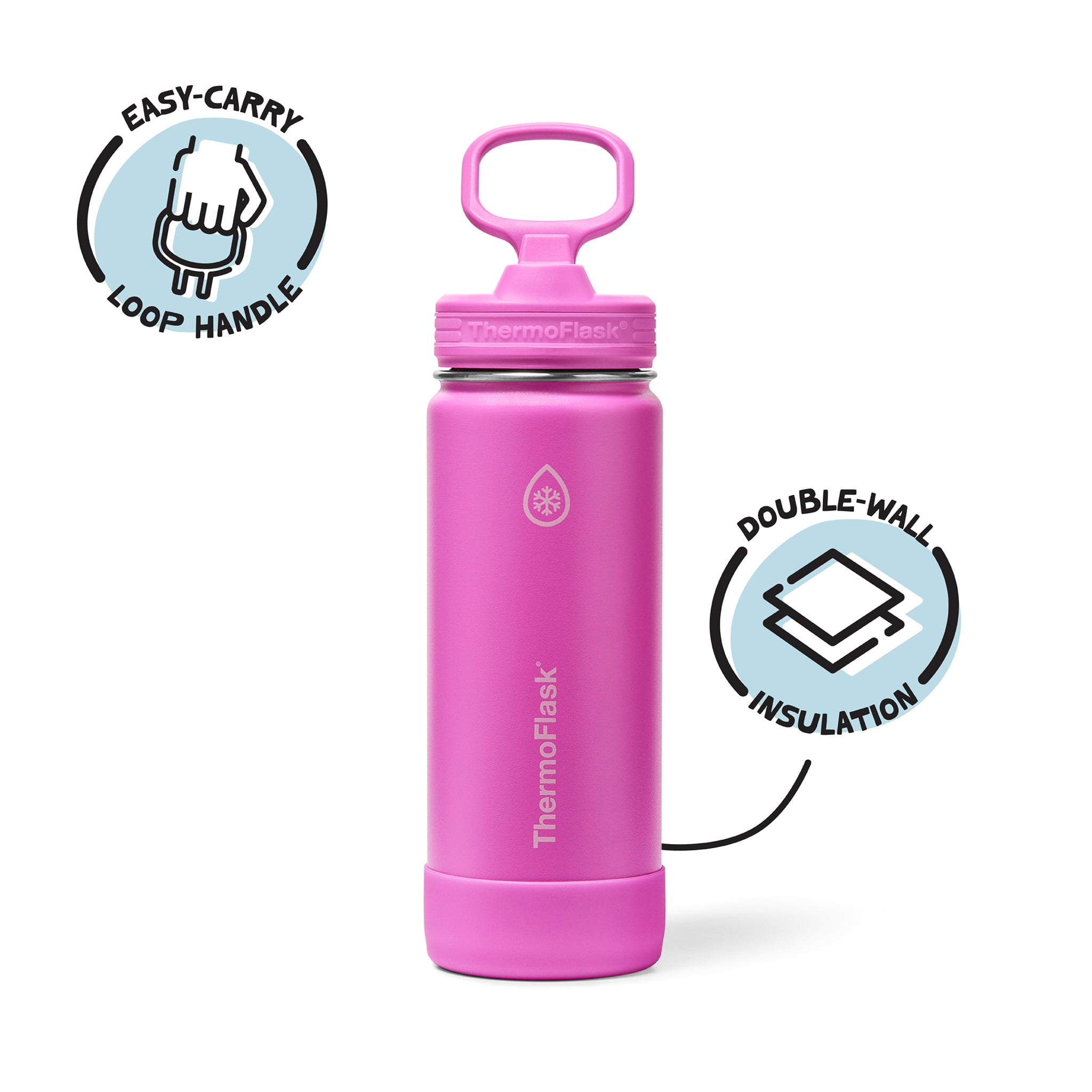 ThermoFlask 18 oz Kids Glow-In-The-Dark Insulated Stainless Steel Water Bottle, Leakproof Straw Lid, Fuschia