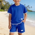 thumbnail image 4 of SGFCWSX Boys 2 Piece Outfits Waffle Knit Short Sleeve T-shirt and Shorts Set Summer Casual Athletic Clothes with Pockets Blue Size 8, 4 of 7