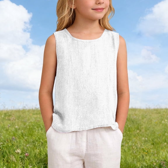Girls Tank Top Casual Summer Beach Sleeveless Blouse For Toddlers And KidsWhite13-14 Years